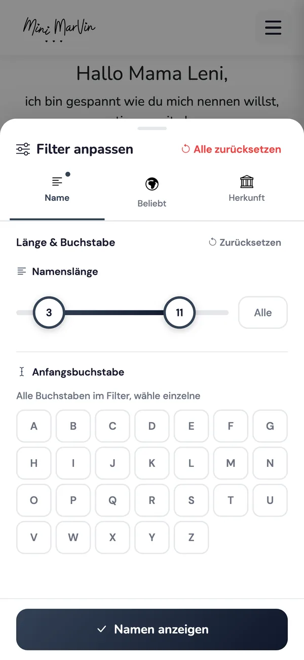 Babynamen filtern